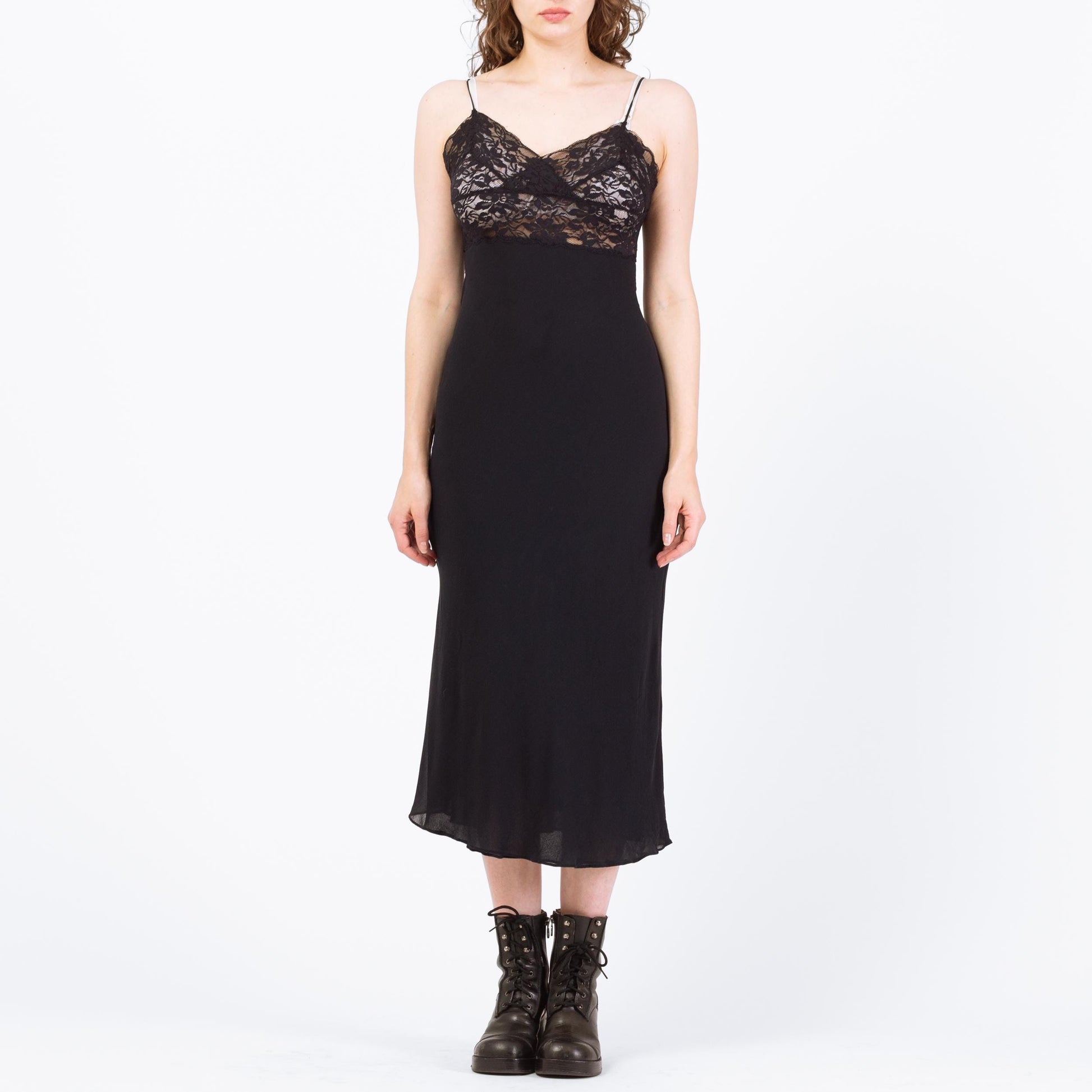 Vintage 90s Black Silk Lingerie Slip Dress - Small to Medium | Bias Cut Lace Bodice Nightie