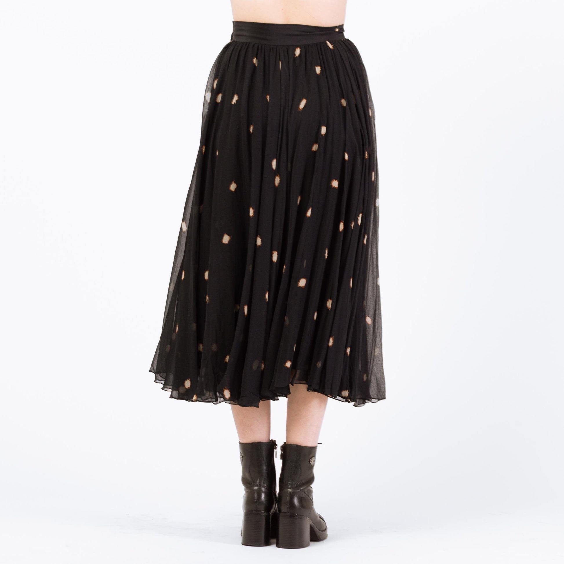 Vintage 90s Black Silk Polka Dot Midi Skirt - Small | Boho High Waisted Full Skirt