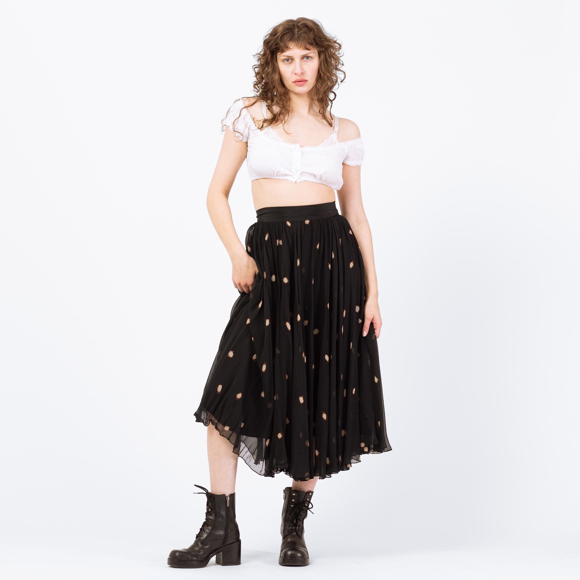 Vintage 90s Black Silk Polka Dot Midi Skirt - Small | Boho High Waisted Full Skirt