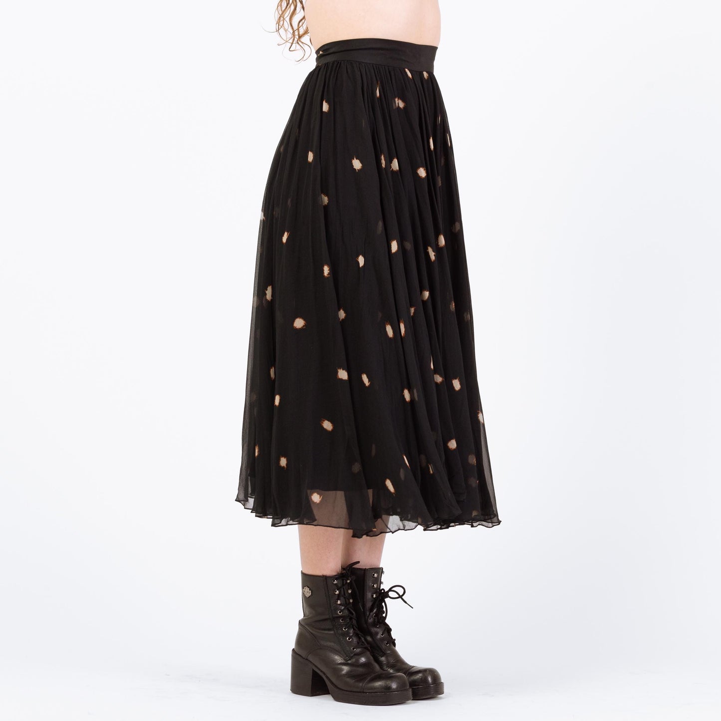 Vintage 90s Black Silk Polka Dot Midi Skirt - Small | Boho High Waisted Full Skirt