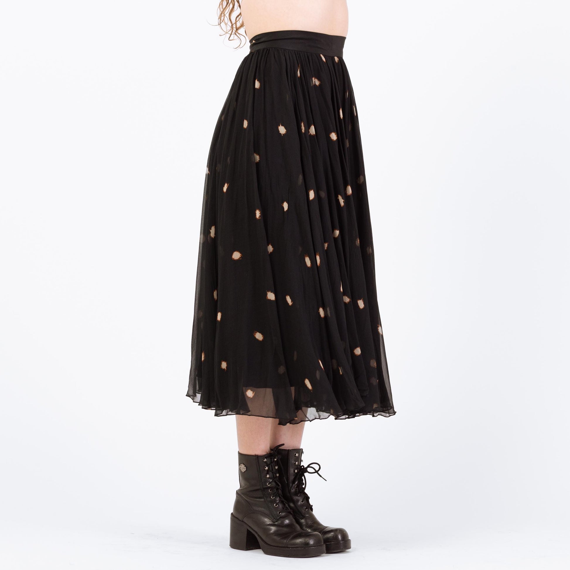 Vintage 90s Black Silk Polka Dot Midi Skirt - Small | Boho High Waisted Full Skirt