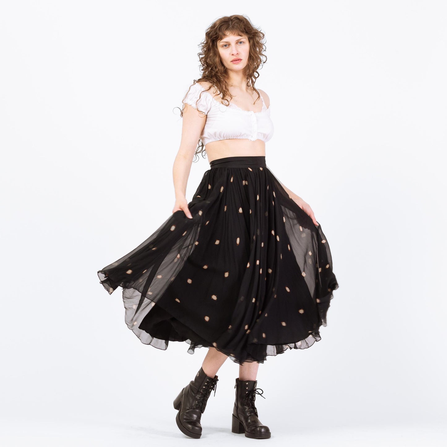 Vintage 90s Black Silk Polka Dot Midi Skirt - Small | Boho High Waisted Full Skirt