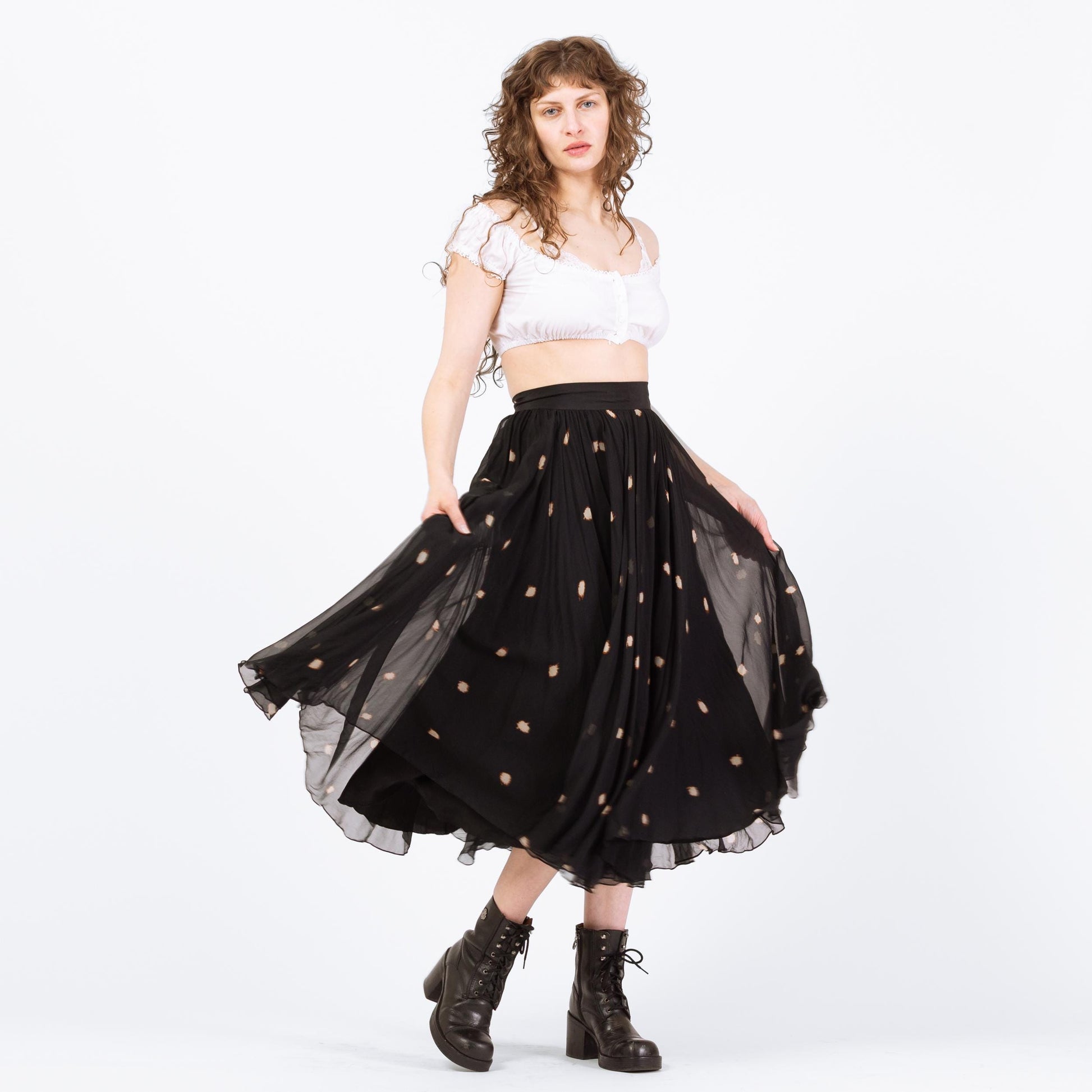 Vintage 90s Black Silk Polka Dot Midi Skirt - Small | Boho High Waisted Full Skirt