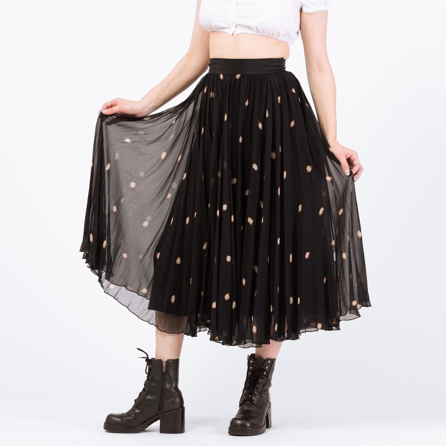 Vintage 90s Black Silk Polka Dot Midi Skirt - Small | Boho High Waisted Full Skirt