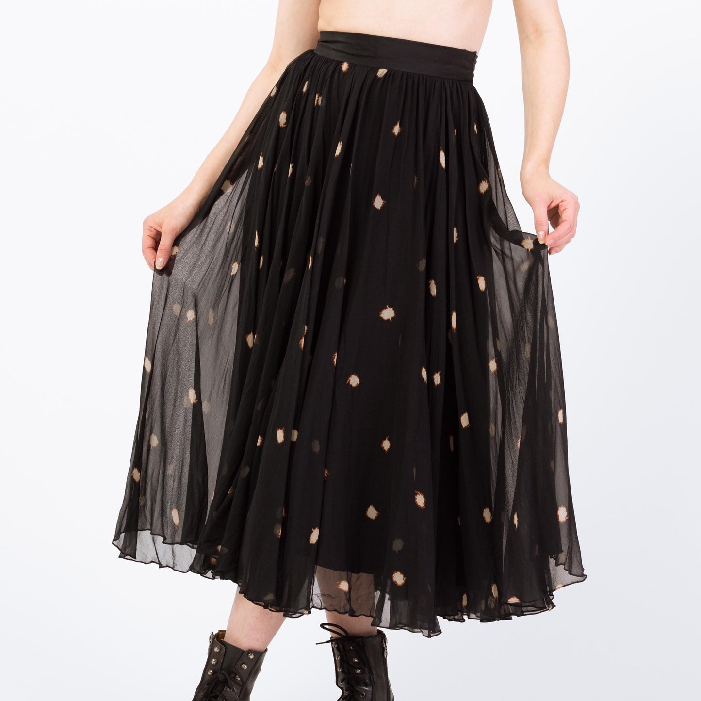 Vintage 90s Black Silk Polka Dot Midi Skirt - Small | Boho High Waisted Full Skirt