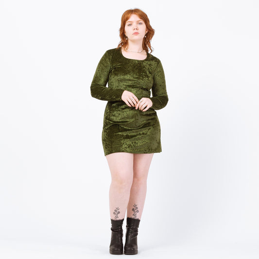 Vintage 90s Olive Green Velvet Mini Dress - Large | Whimsigoth Long Sleeve A Line Dress
