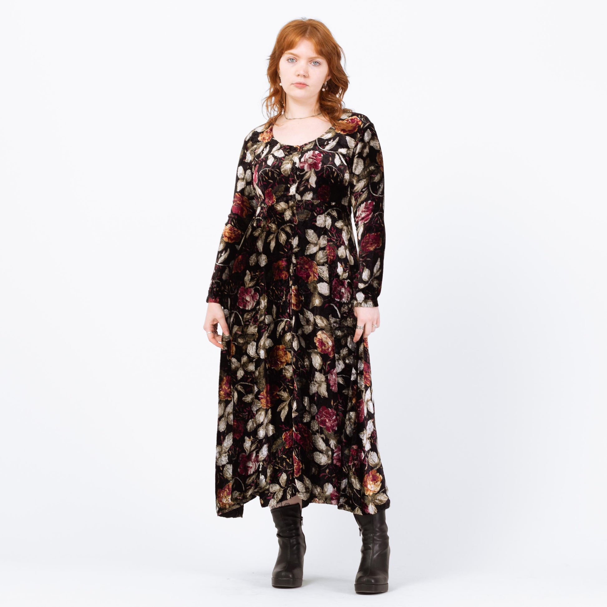 Vintage 90s Dark Floral Velvet Maxi Dress - Medium | Boho Long Sleeve Whimsigoth Dress