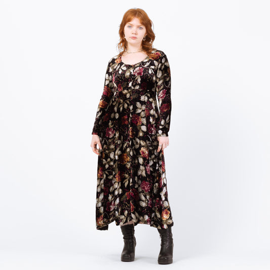 Vintage 90s Dark Floral Velvet Maxi Dress - Medium | Boho Long Sleeve Whimsigoth Dress