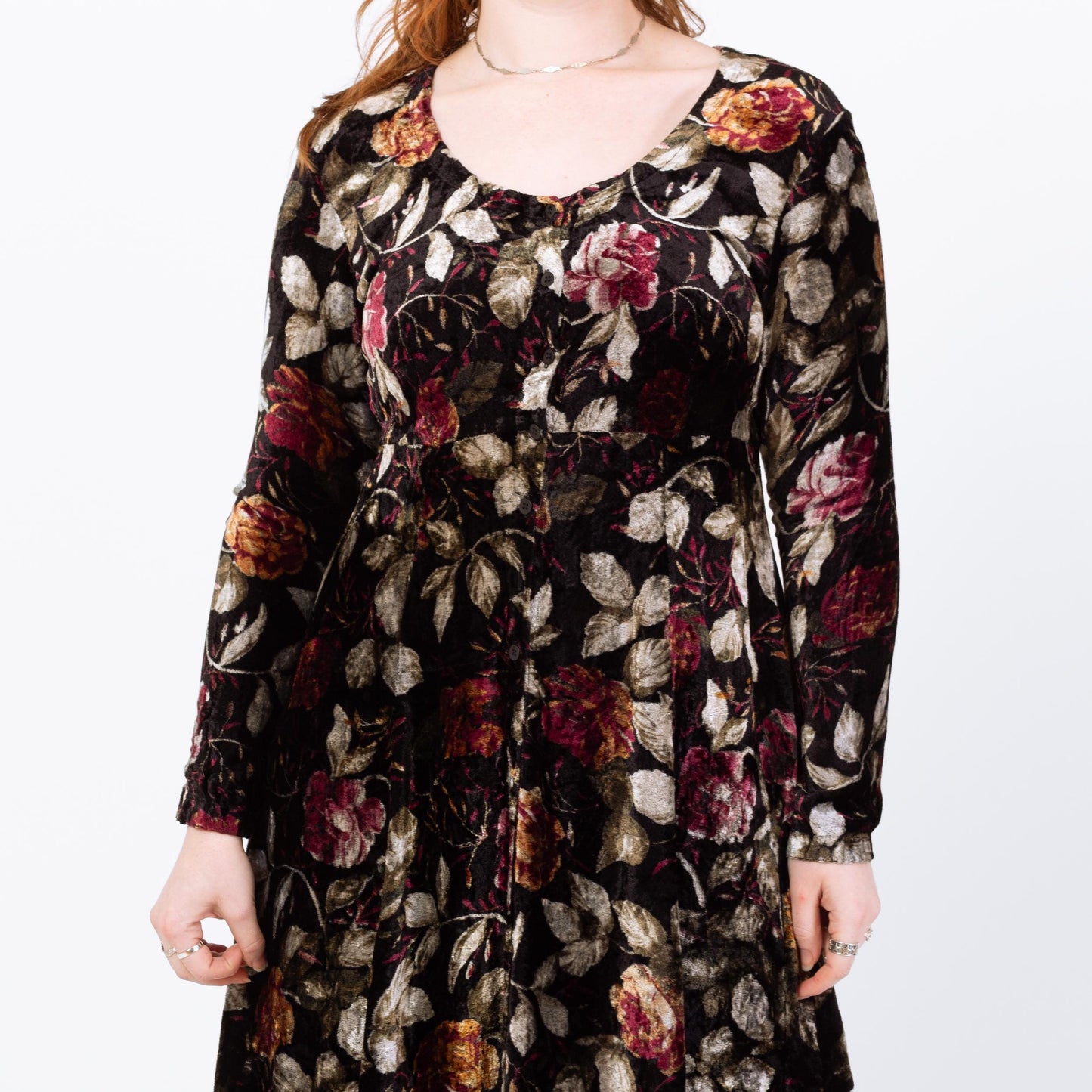 Vintage 90s Dark Floral Velvet Maxi Dress - Medium | Boho Long Sleeve Whimsigoth Dress