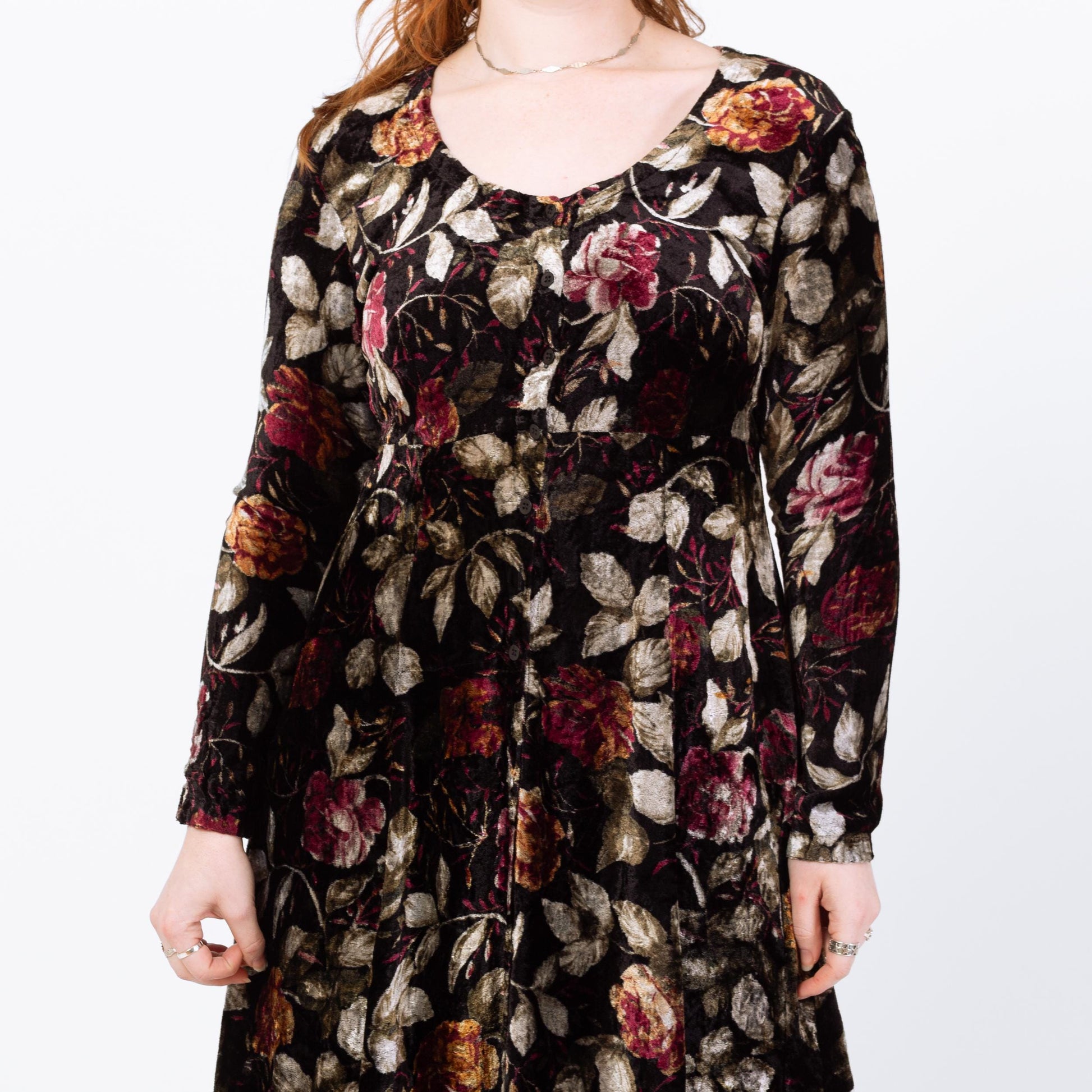 Vintage 90s Dark Floral Velvet Maxi Dress - Medium | Boho Long Sleeve Whimsigoth Dress