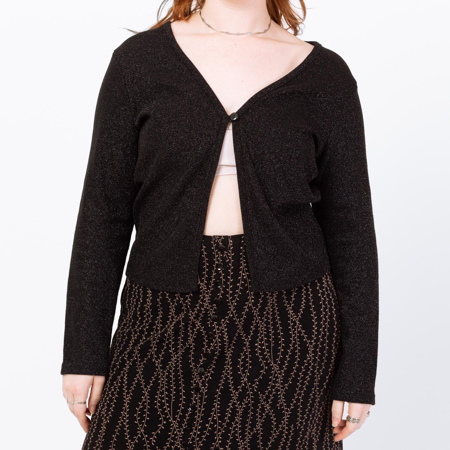 Vintage 90s Black Metallic Split Front Top - Large | Cropped Open Fit Cardigan