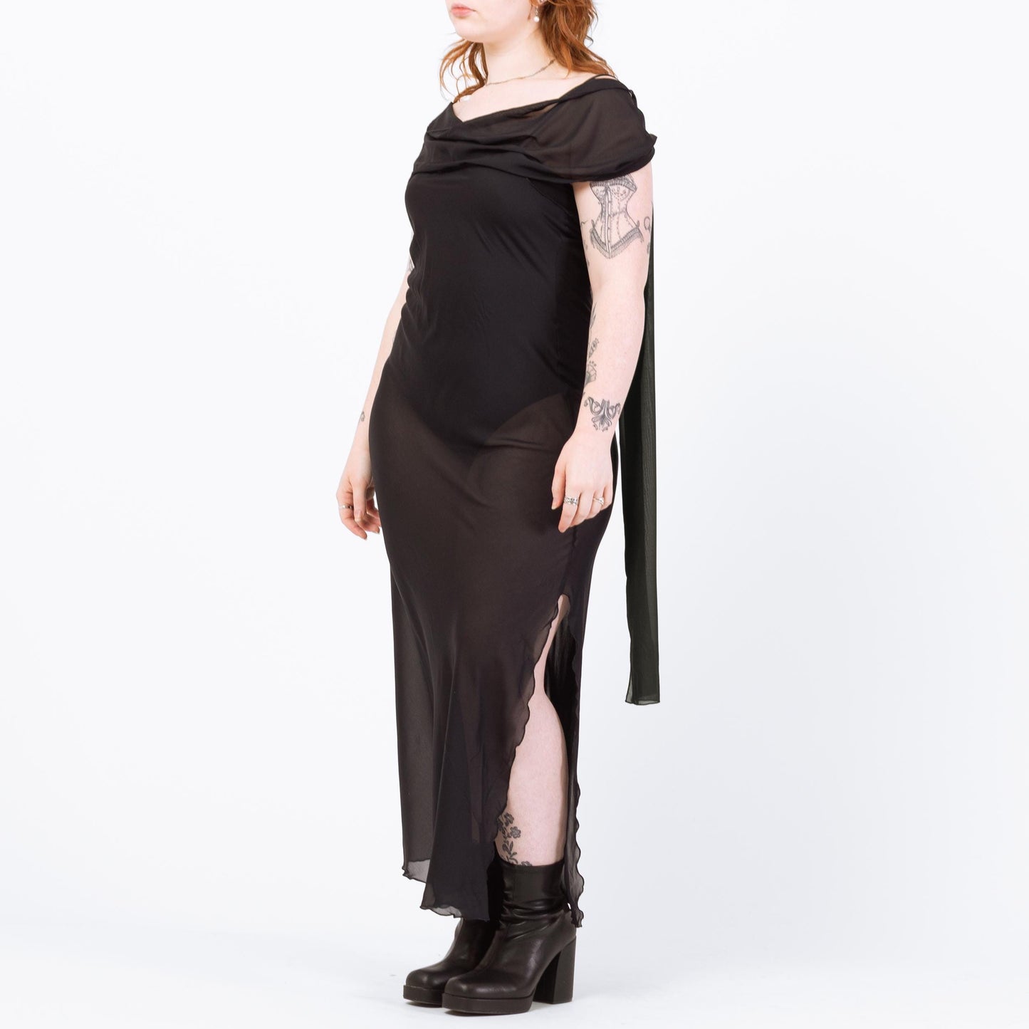 Vintage 90s Sheer Black Lingerie Maxi Dress - Large | Bias Cut Draped Low Back Slip