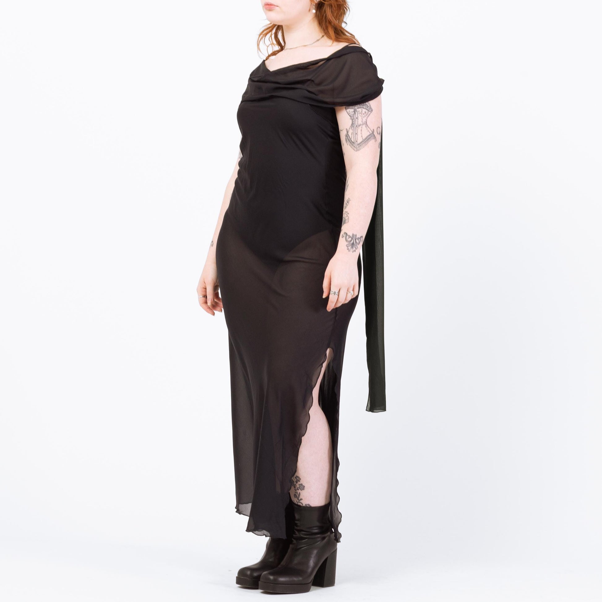 Vintage 90s Sheer Black Lingerie Maxi Dress - Large | Bias Cut Draped Low Back Slip