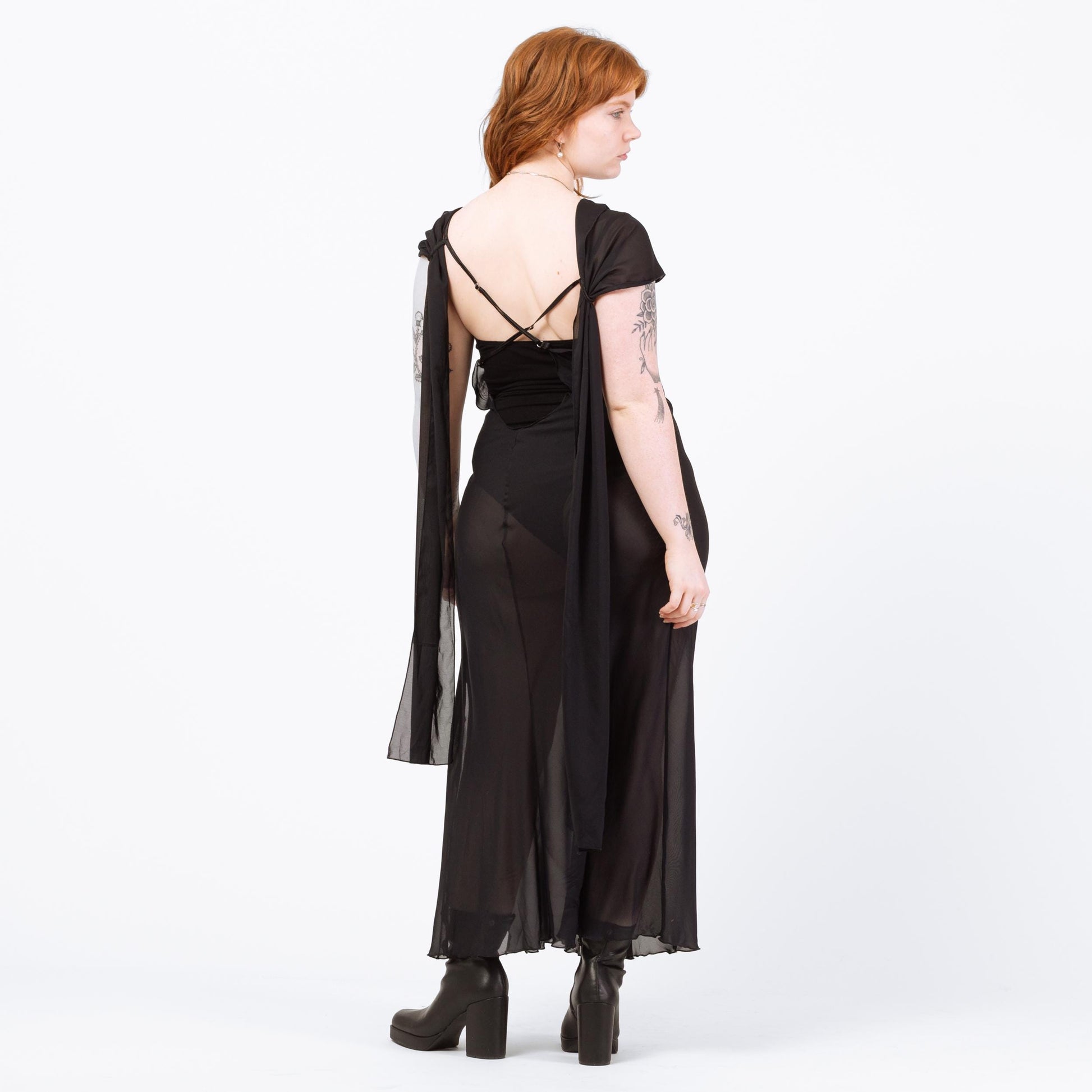 Vintage 90s Sheer Black Lingerie Maxi Dress - Large | Bias Cut Draped Low Back Slip