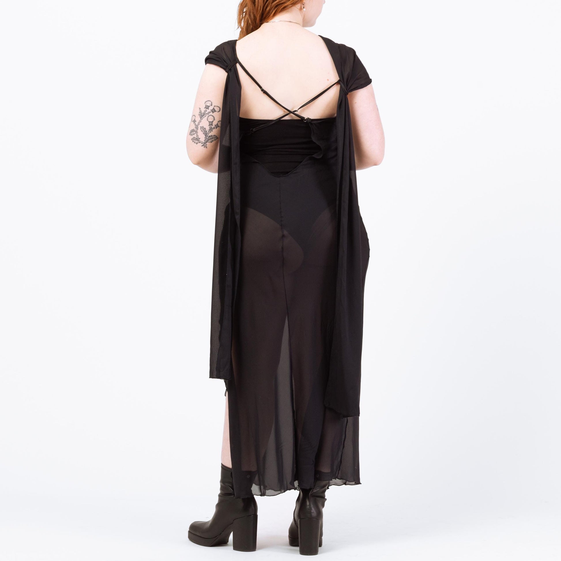 Vintage 90s Sheer Black Lingerie Maxi Dress - Large | Bias Cut Draped Low Back Slip