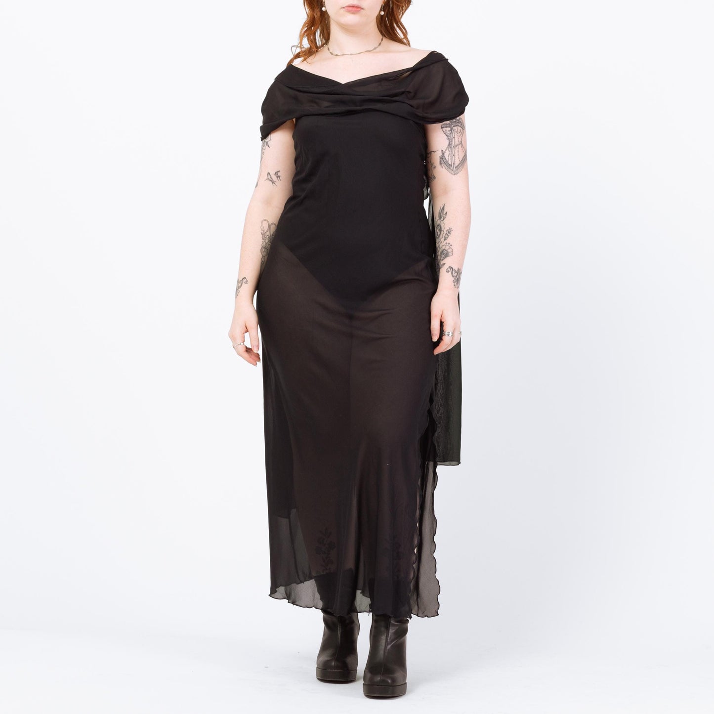 Vintage 90s Sheer Black Lingerie Maxi Dress - Large | Bias Cut Draped Low Back Slip