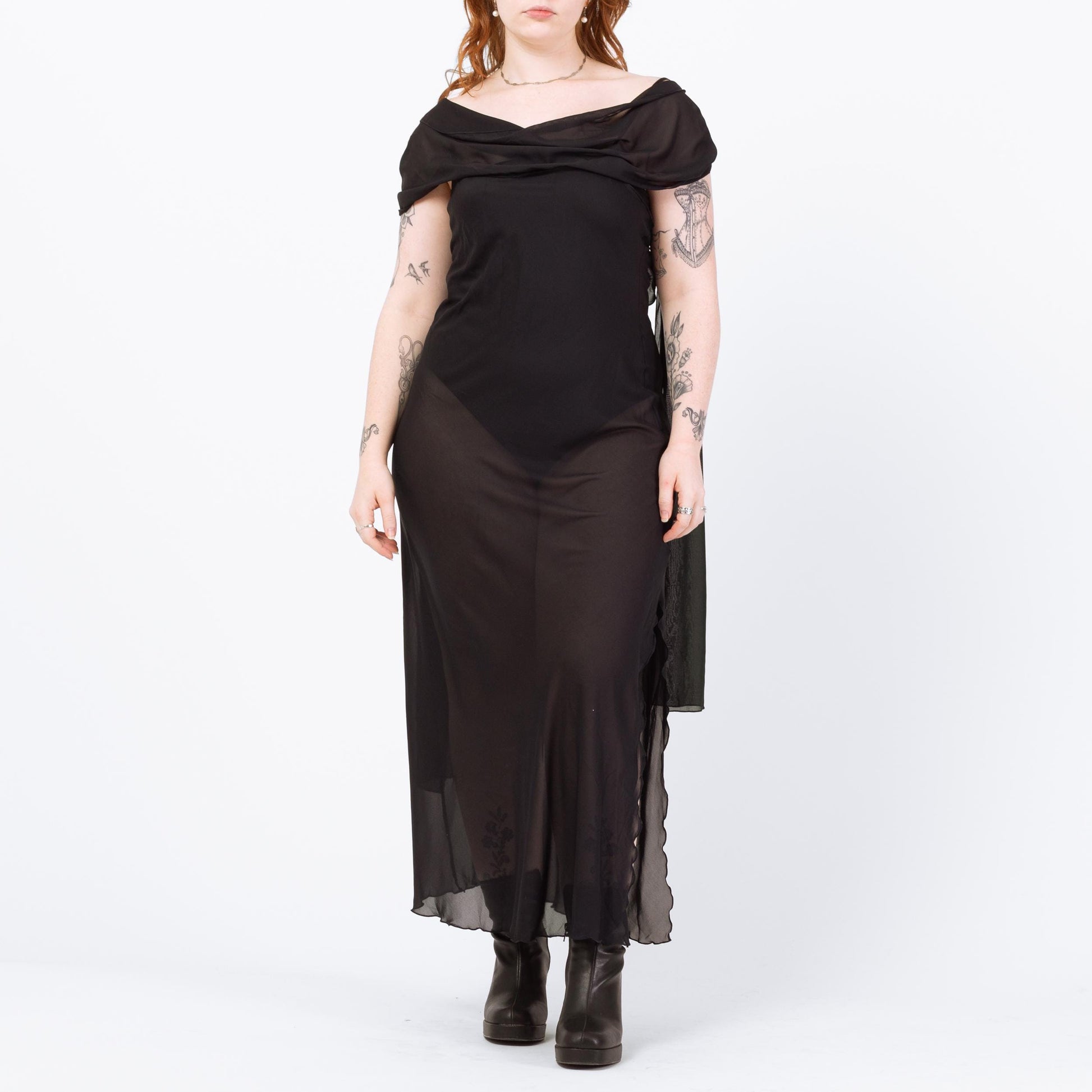 Vintage 90s Sheer Black Lingerie Maxi Dress - Large | Bias Cut Draped Low Back Slip