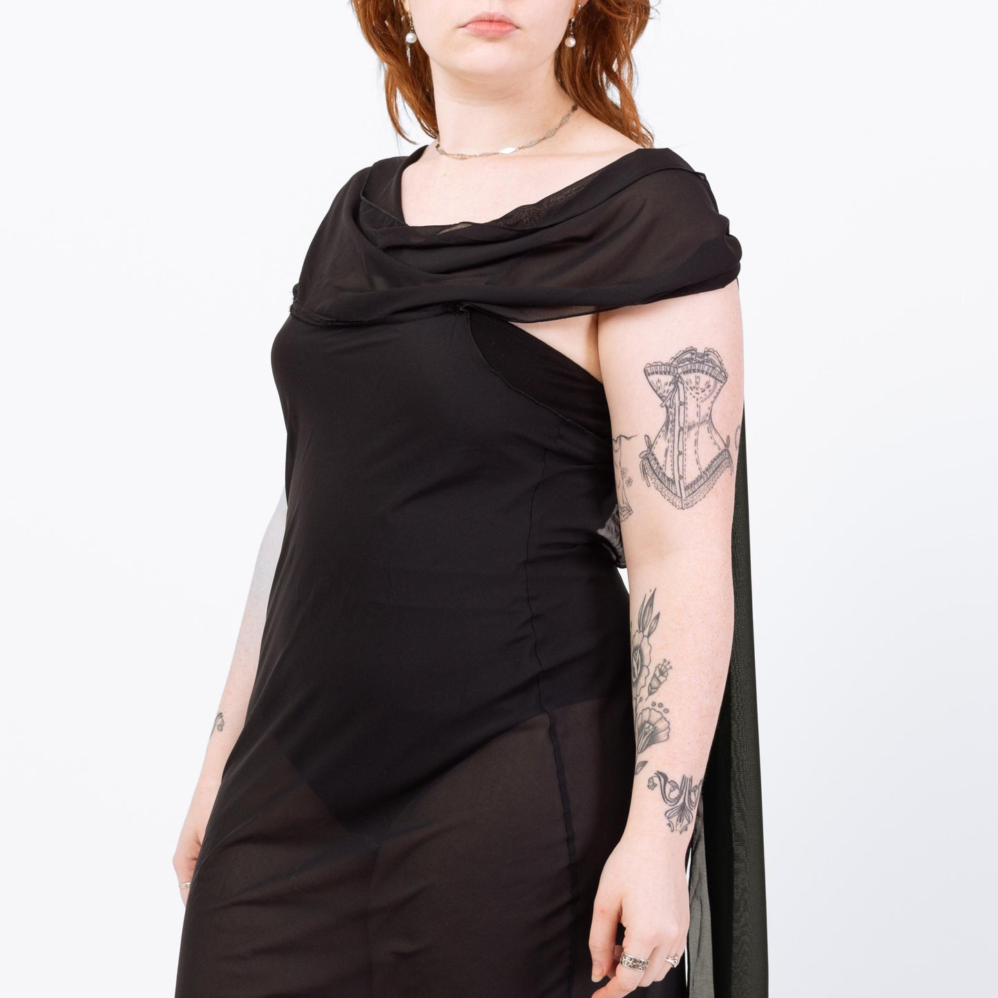 Vintage 90s Sheer Black Lingerie Maxi Dress - Large | Bias Cut Draped Low Back Slip