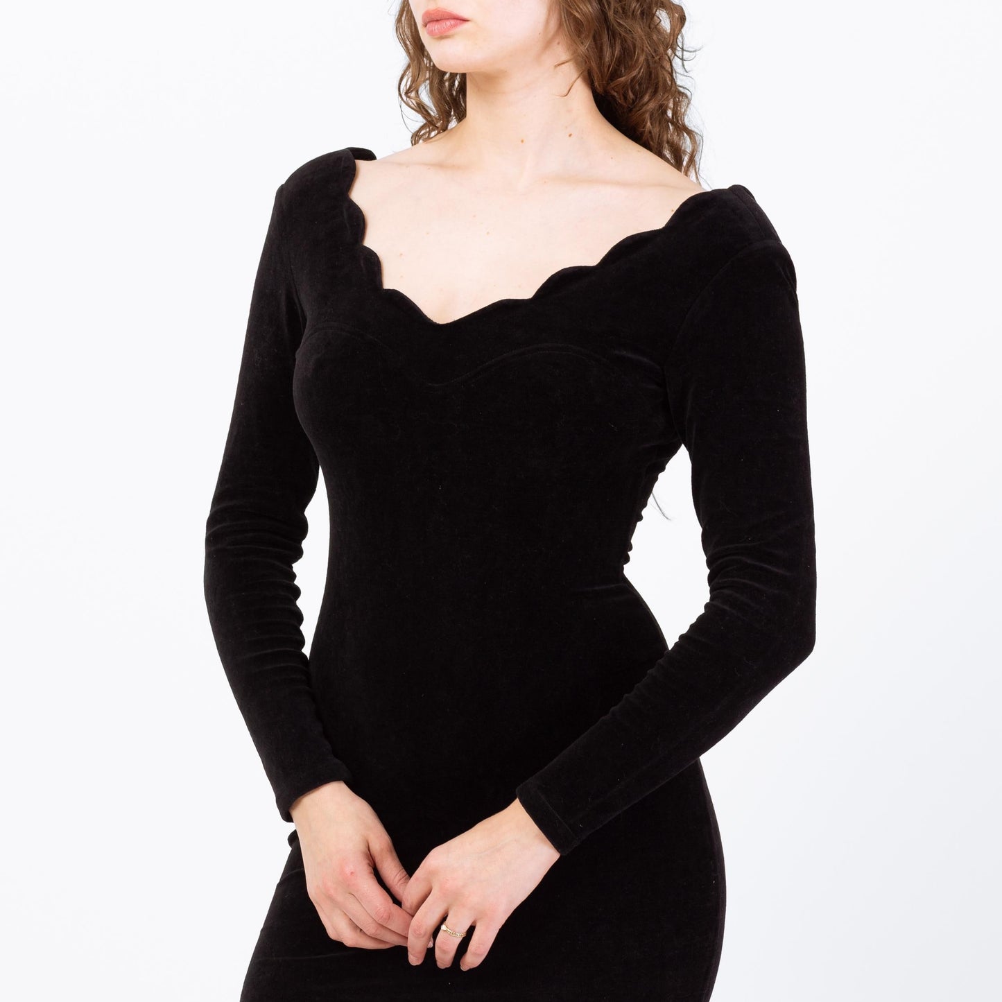 Vintage 80s Black Velvet Low Back Party Dress - Small | Scalloped V Neck Long Sleeve Mini Cocktail Dress