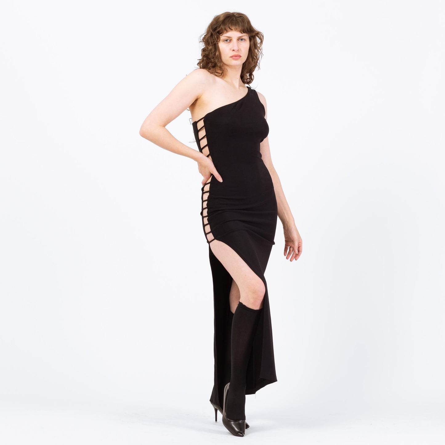 Vintage 90s Black Cage Cut Out Maxi Dress - Medium | One Shoulder High Side Slit Party Dress