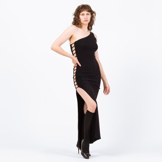Vintage 90s Black Cage Cut Out Maxi Dress - Medium | One Shoulder High Side Slit Party Dress