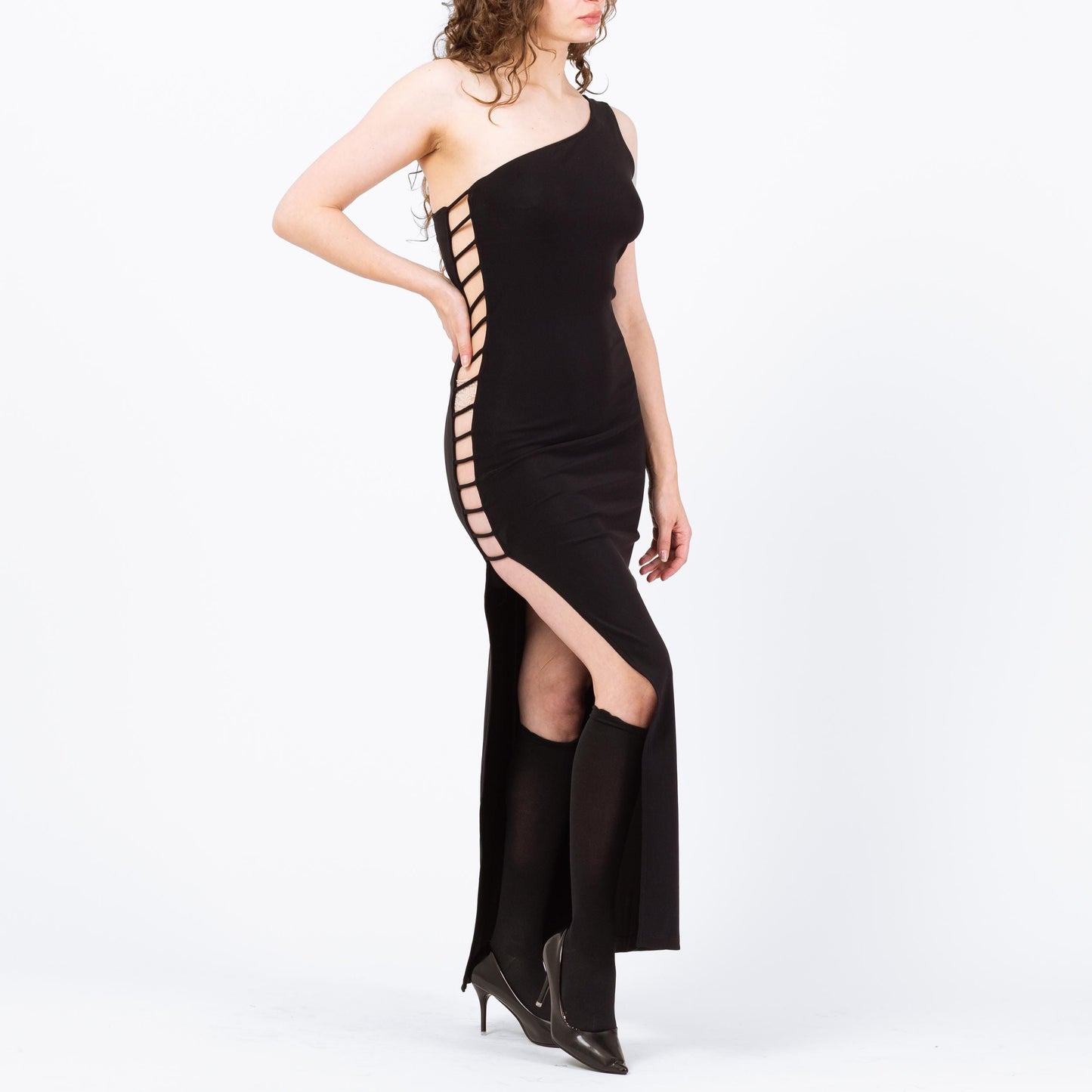 Vintage 90s Black Cage Cut Out Maxi Dress - Medium | One Shoulder High Side Slit Party Dress