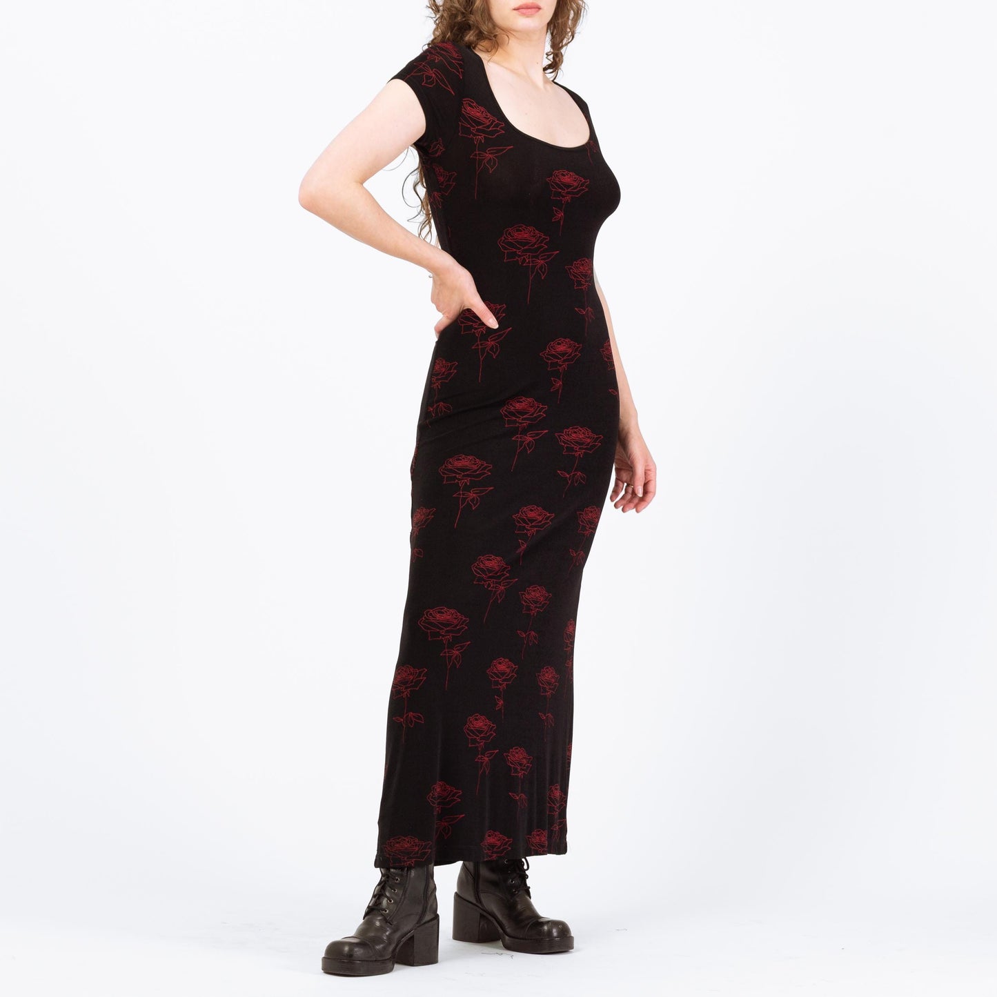 Vintage 90s Black & Red Gothic Floral Slinky Maxi Dress - Medium to Large | Stretchy Rose Print Dress