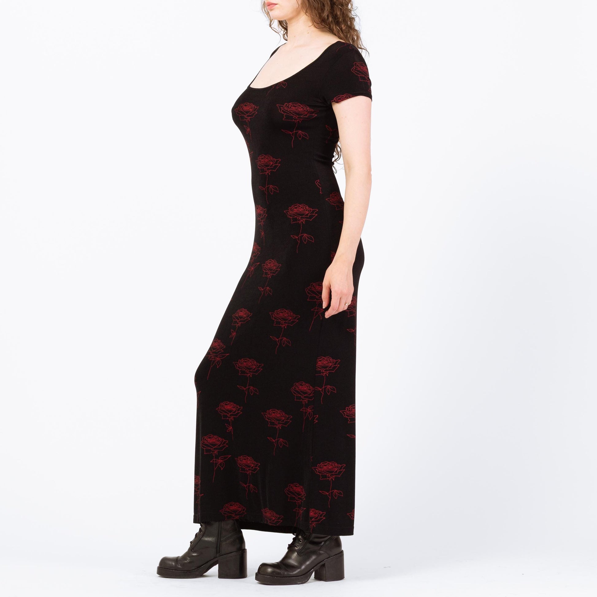 Vintage 90s Black & Red Gothic Floral Slinky Maxi Dress - Medium to Large | Stretchy Rose Print Dress