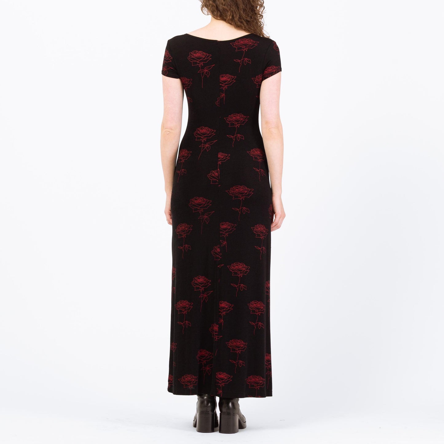 Vintage 90s Black & Red Gothic Floral Slinky Maxi Dress - Medium to Large | Stretchy Rose Print Dress