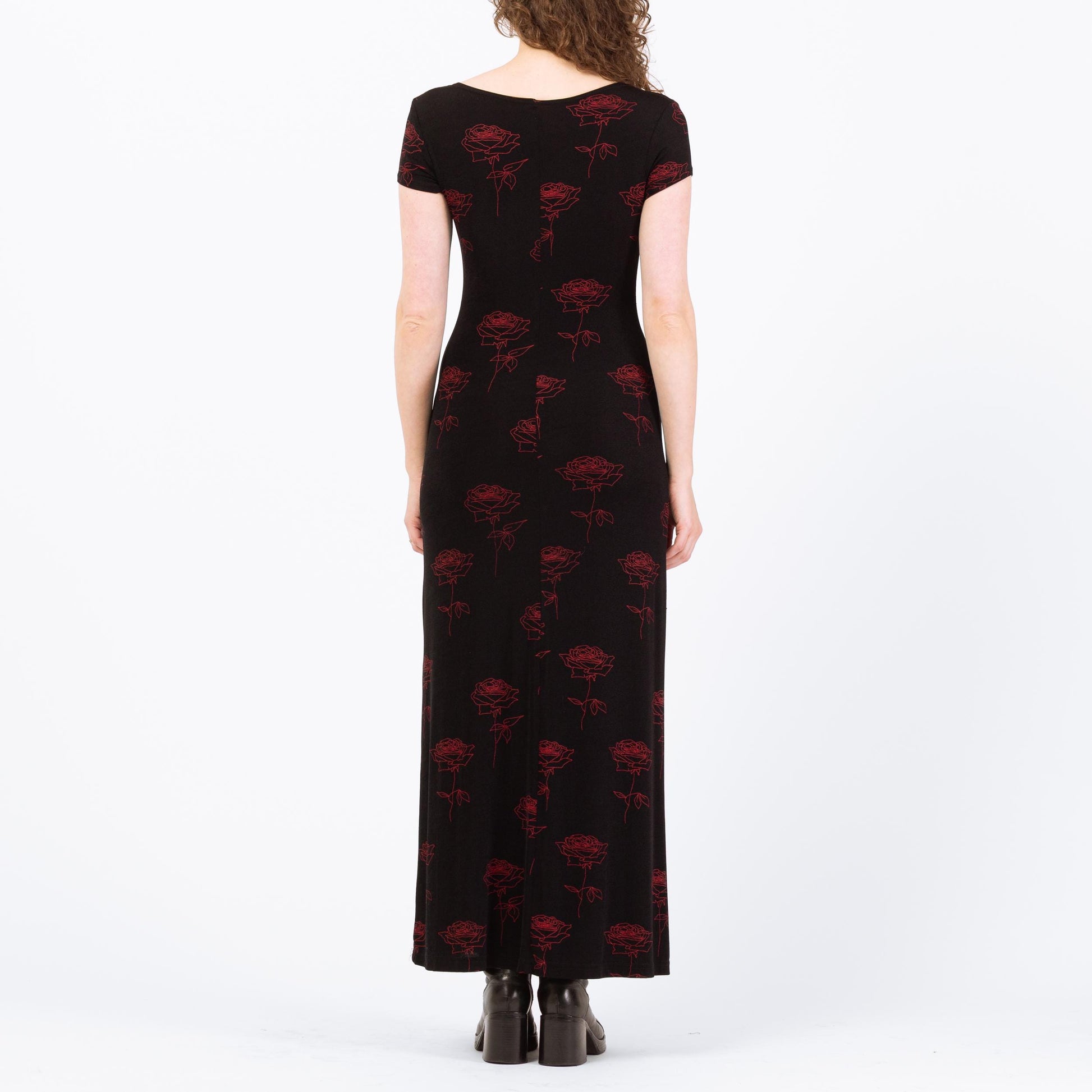 Vintage 90s Black & Red Gothic Floral Slinky Maxi Dress - Medium to Large | Stretchy Rose Print Dress