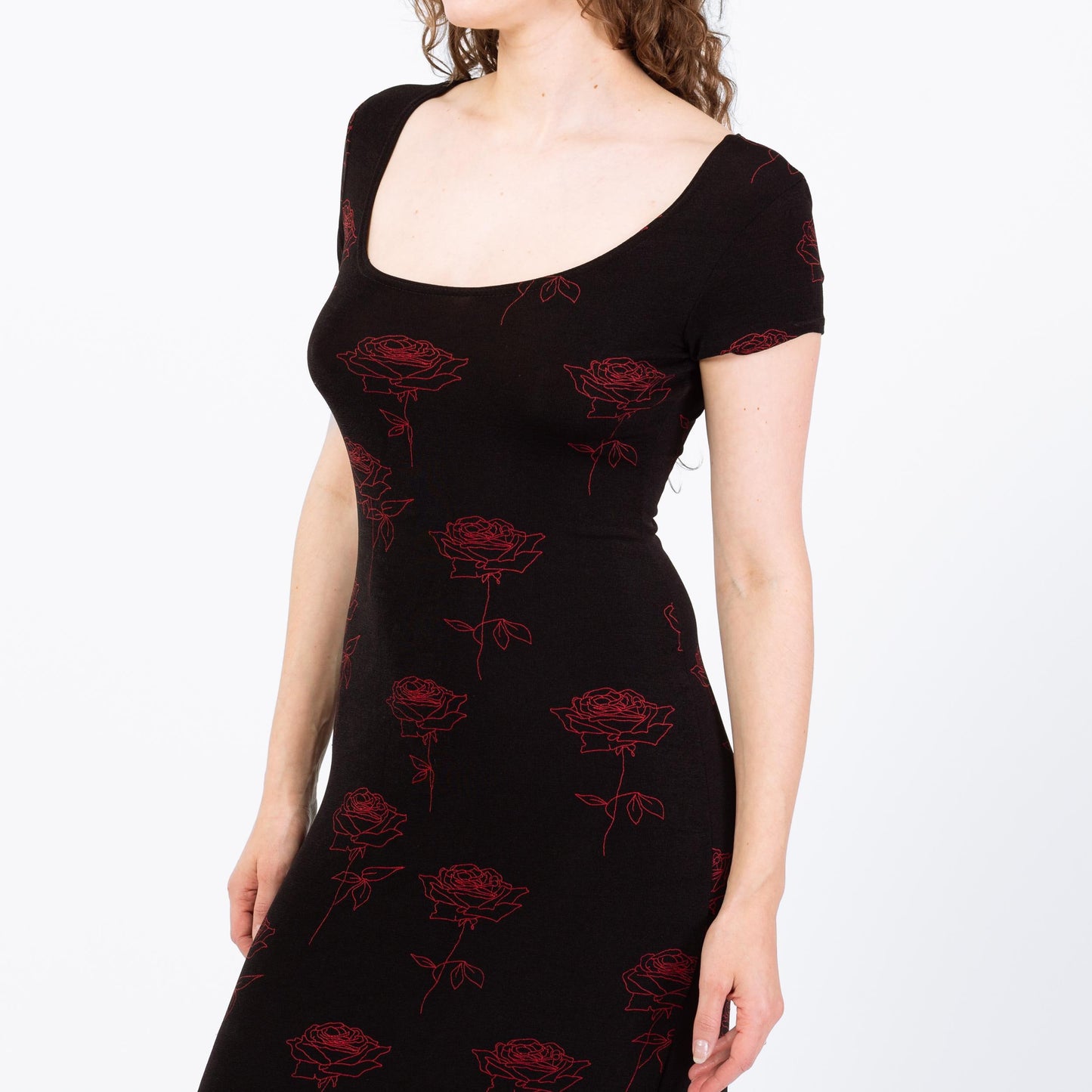 Vintage 90s Black & Red Gothic Floral Slinky Maxi Dress - Medium to Large | Stretchy Rose Print Dress