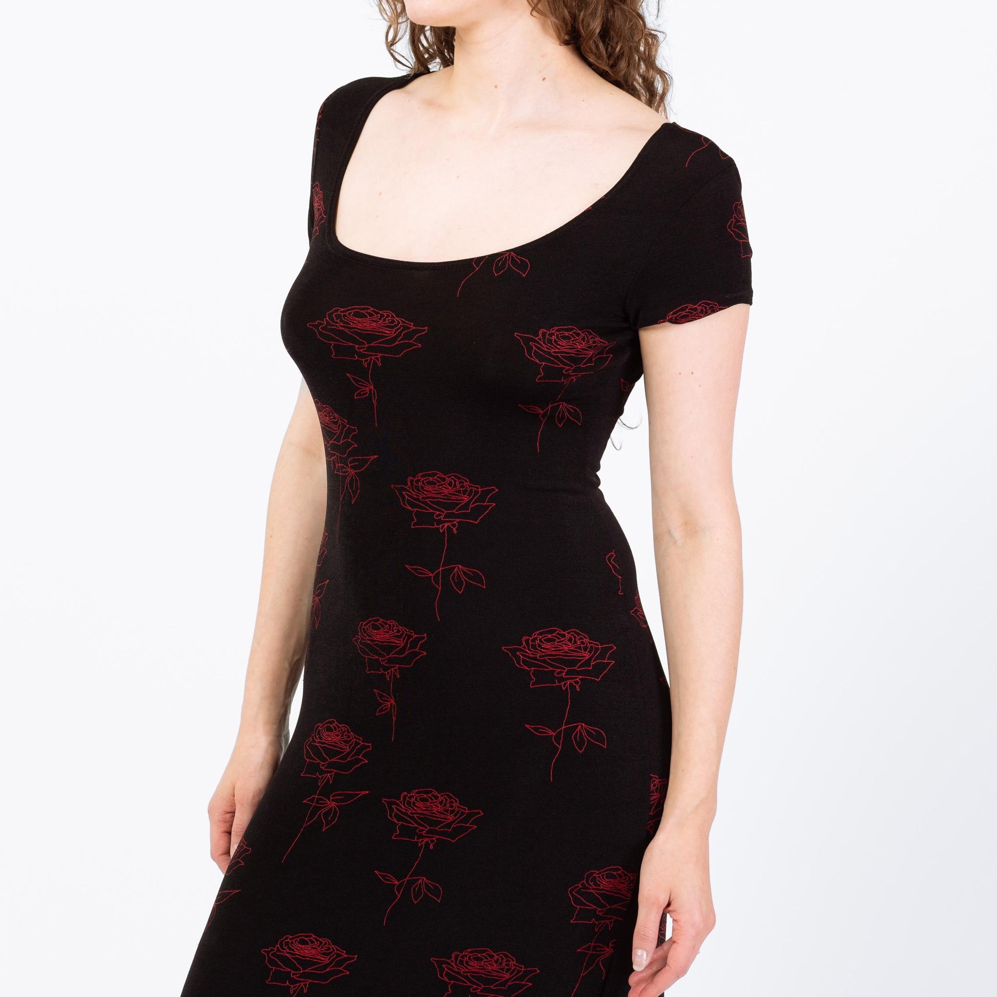 Vintage 90s Black & Red Gothic Floral Slinky Maxi Dress - Medium to Large | Stretchy Rose Print Dress