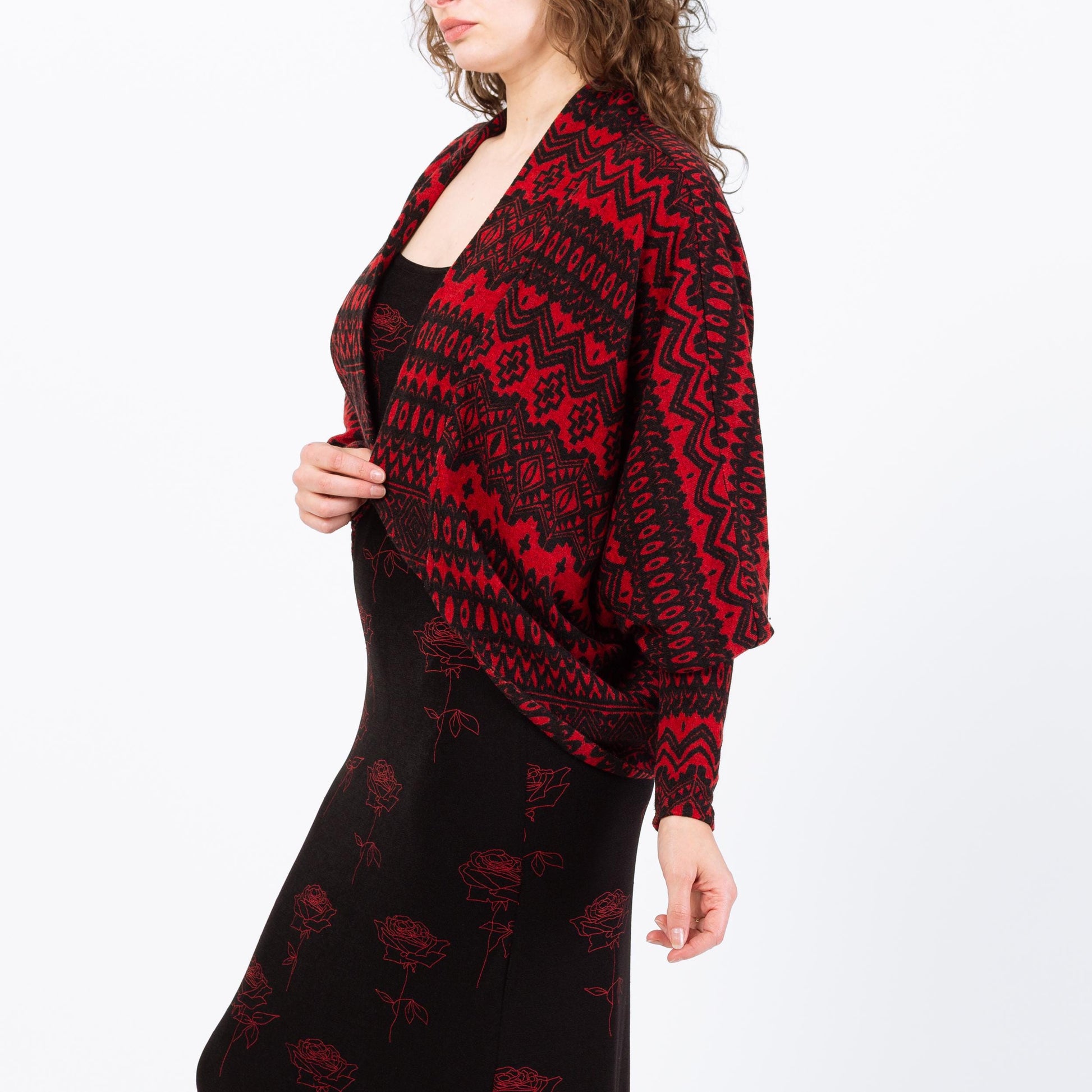 Vintage Y2K Red & Black Dolman Sleeve Cardigan - Extra Small | Open Fit Knit Jacket