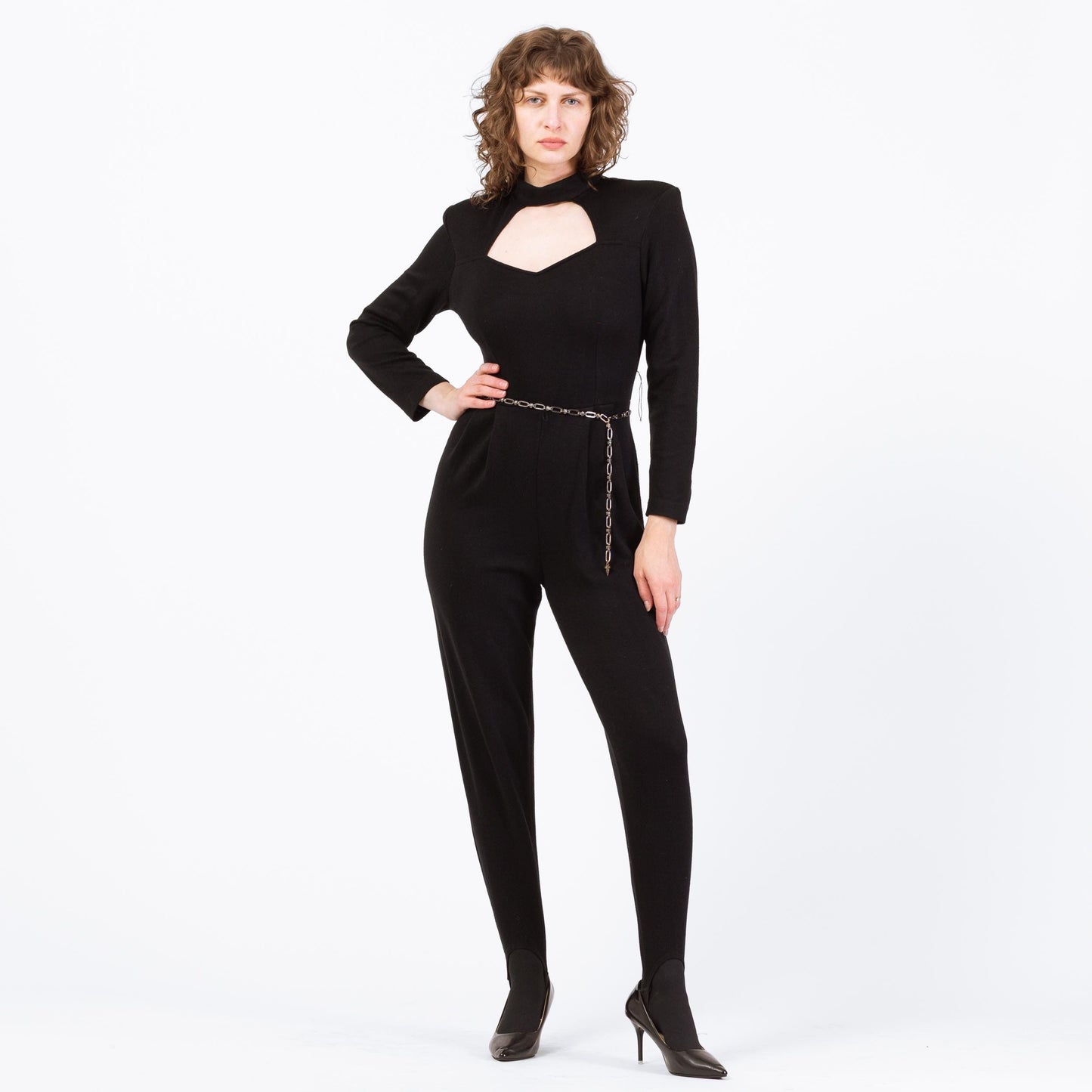 Vintage 80s Black Keyhole Neckline Catsuit - Small to Medium | Formal Long Sleeve Stirrup Jumpsuit