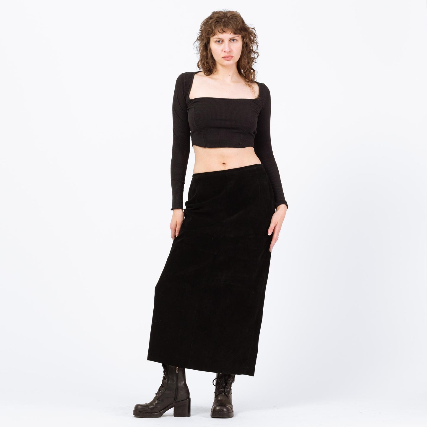 Vintage 90s Black Suede Maxi Skirt - Medium, 30" | High Waisted Long Leather Skirt