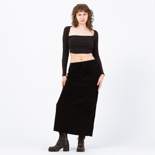 Vintage 90s Black Suede Maxi Skirt - Medium, 30" | High Waisted Long Leather Skirt