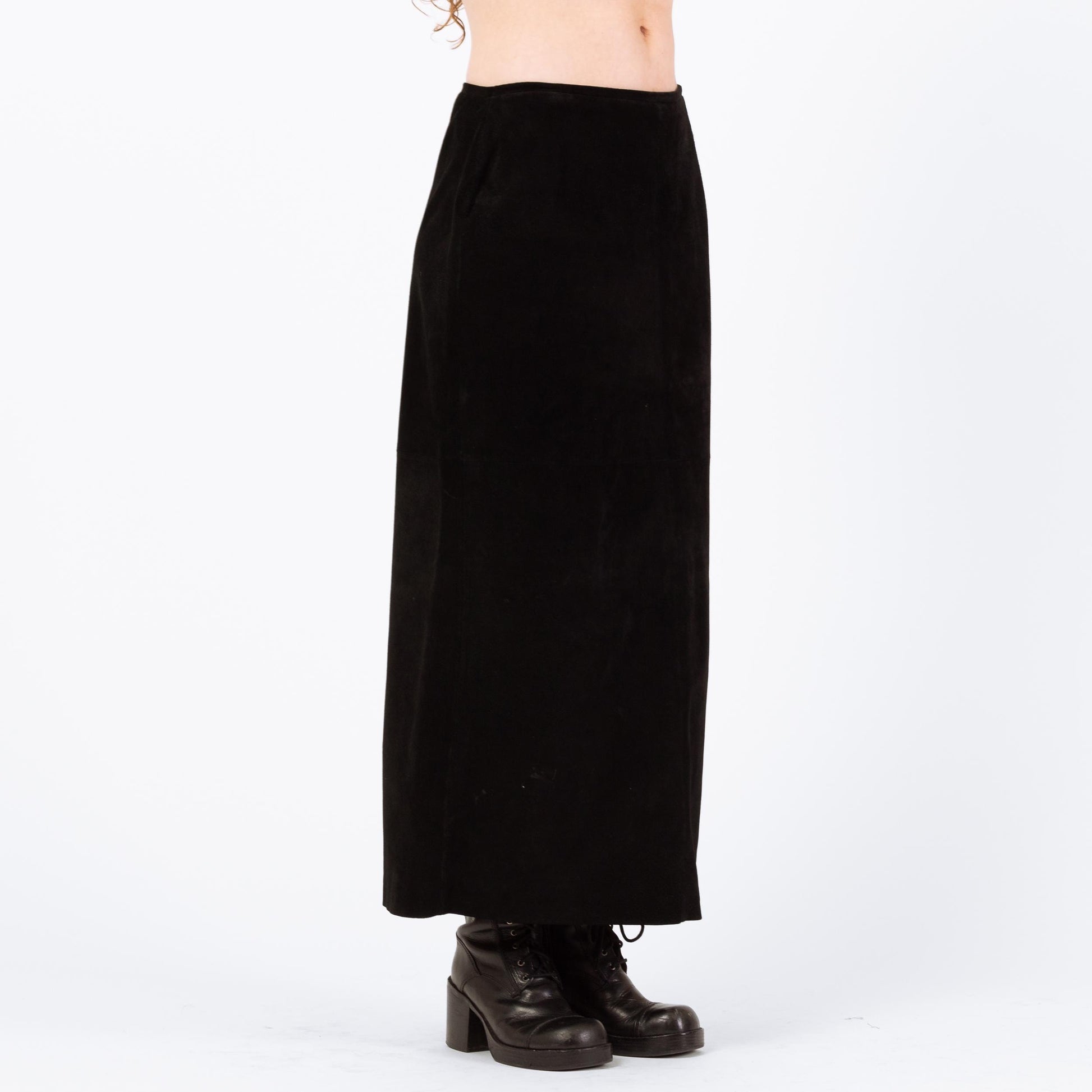 Vintage 90s Black Suede Maxi Skirt - Medium, 30" | High Waisted Long Leather Skirt