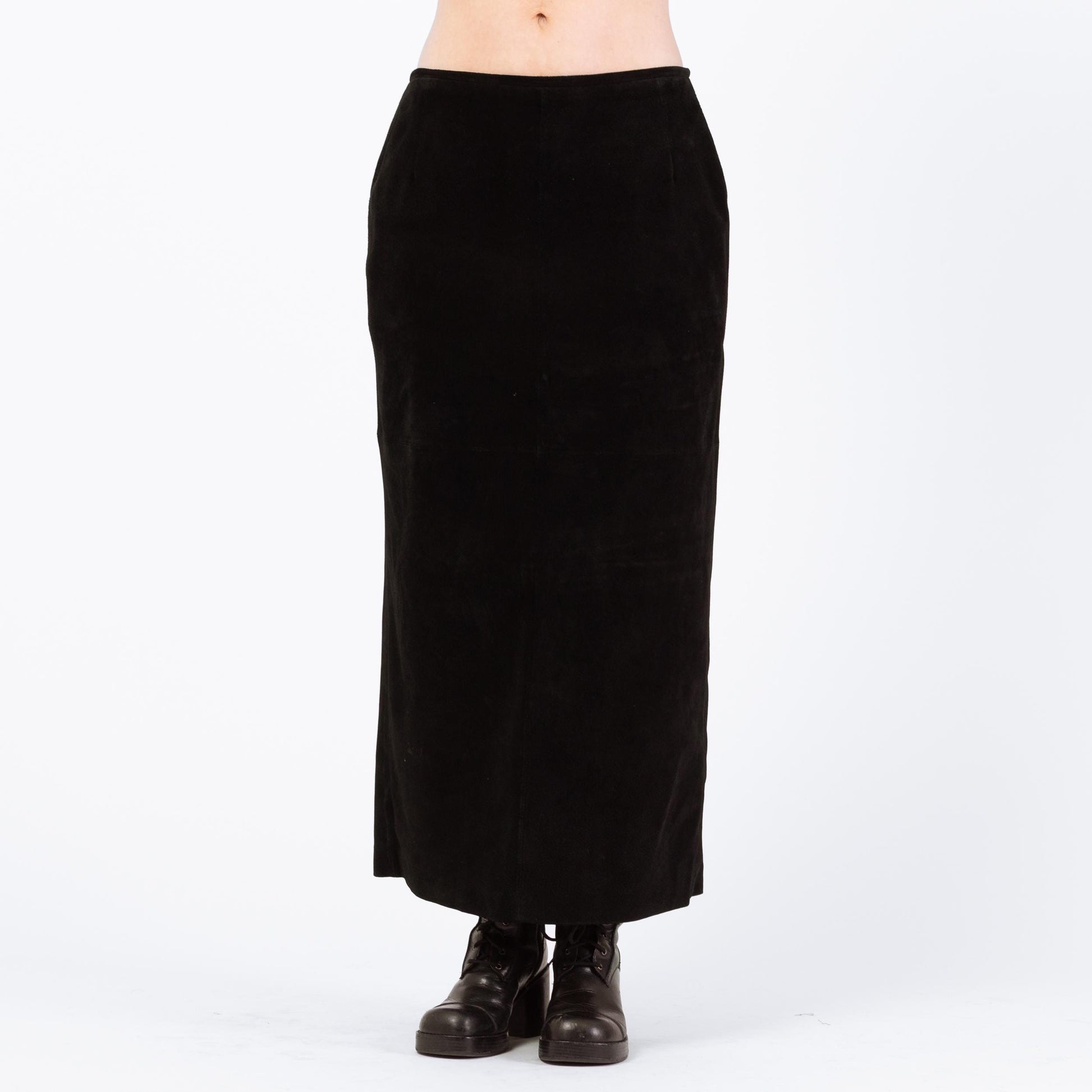 Vintage 90s Black Suede Maxi Skirt - Medium, 30" | High Waisted Long Leather Skirt