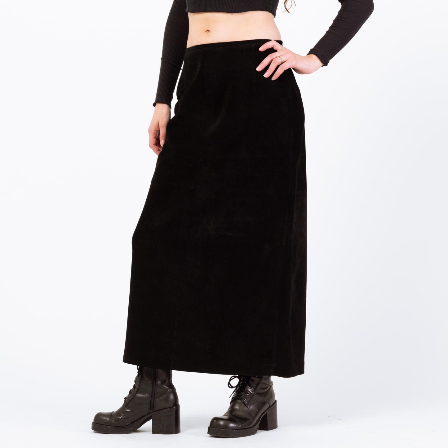 Vintage 90s Black Suede Maxi Skirt - Medium, 30" | High Waisted Long Leather Skirt