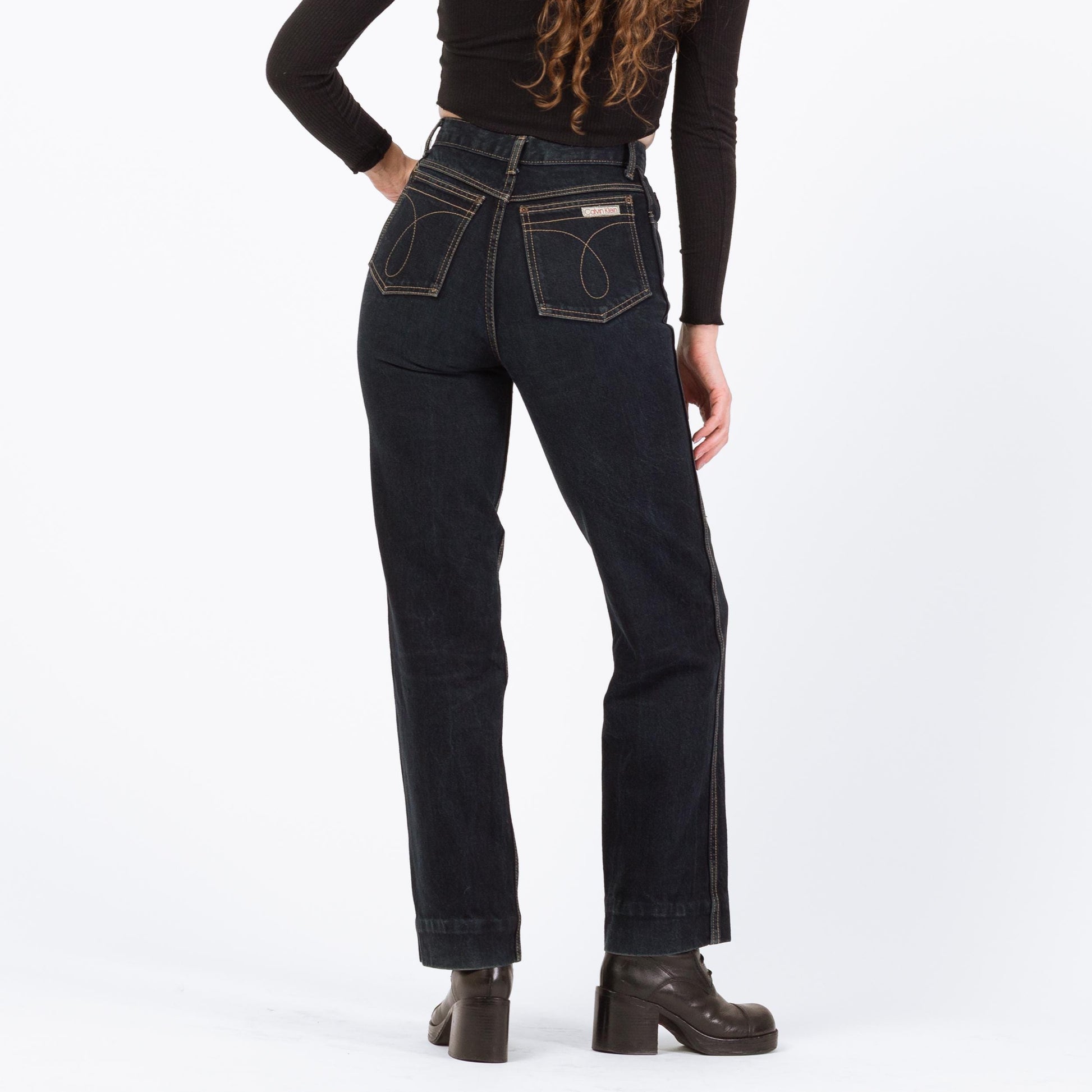 Vintage 70s 80s Calvin Klein High Waisted Jeans - Small, 26" | Dark Wash Denim Slim Straight Leg Jeans