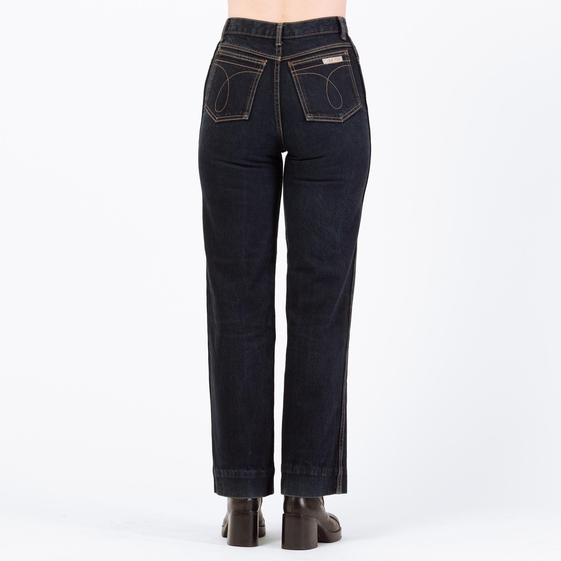 Vintage 70s 80s Calvin Klein High Waisted Jeans - Small, 26" | Dark Wash Denim Slim Straight Leg Jeans