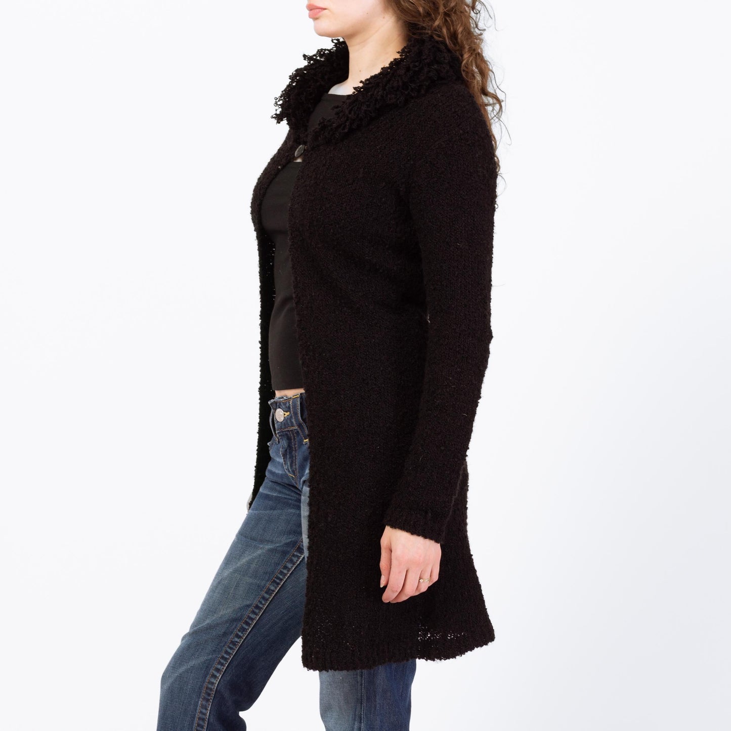 Vintage 90s Black Boucle Shag Collar Cardigan - Small | Chunky Knit Longline Sweater