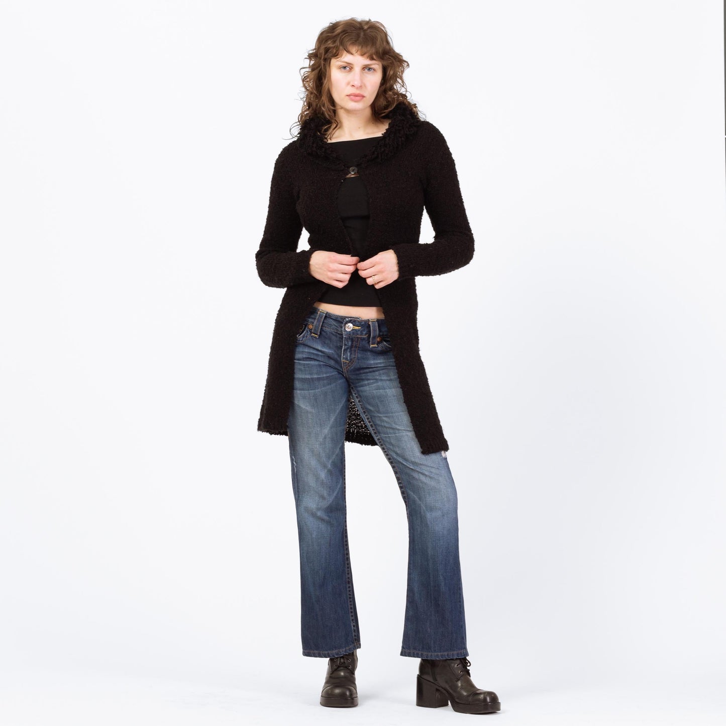 Vintage 90s Black Boucle Shag Collar Cardigan - Small | Chunky Knit Longline Sweater