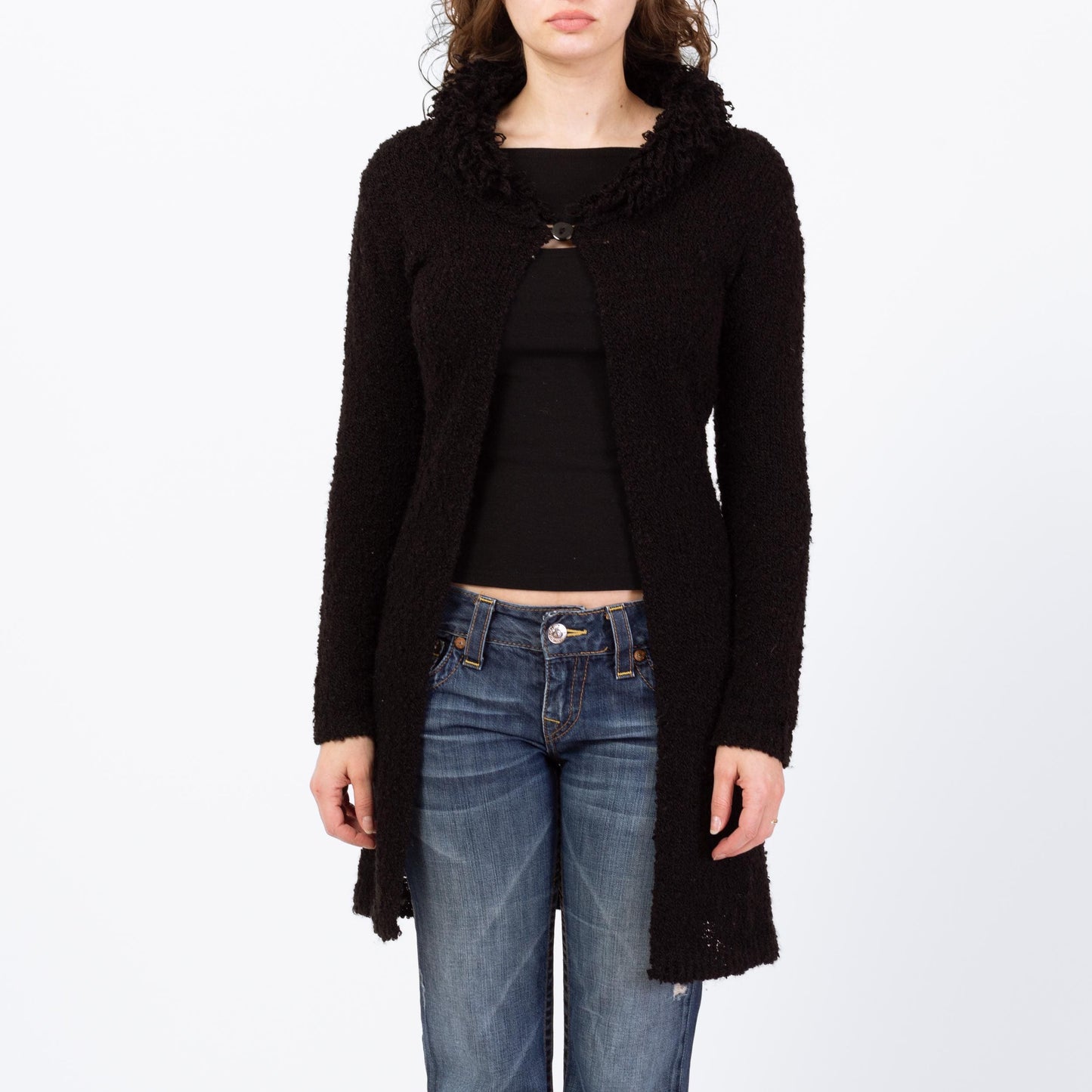 Vintage 90s Black Boucle Shag Collar Cardigan - Small | Chunky Knit Longline Sweater
