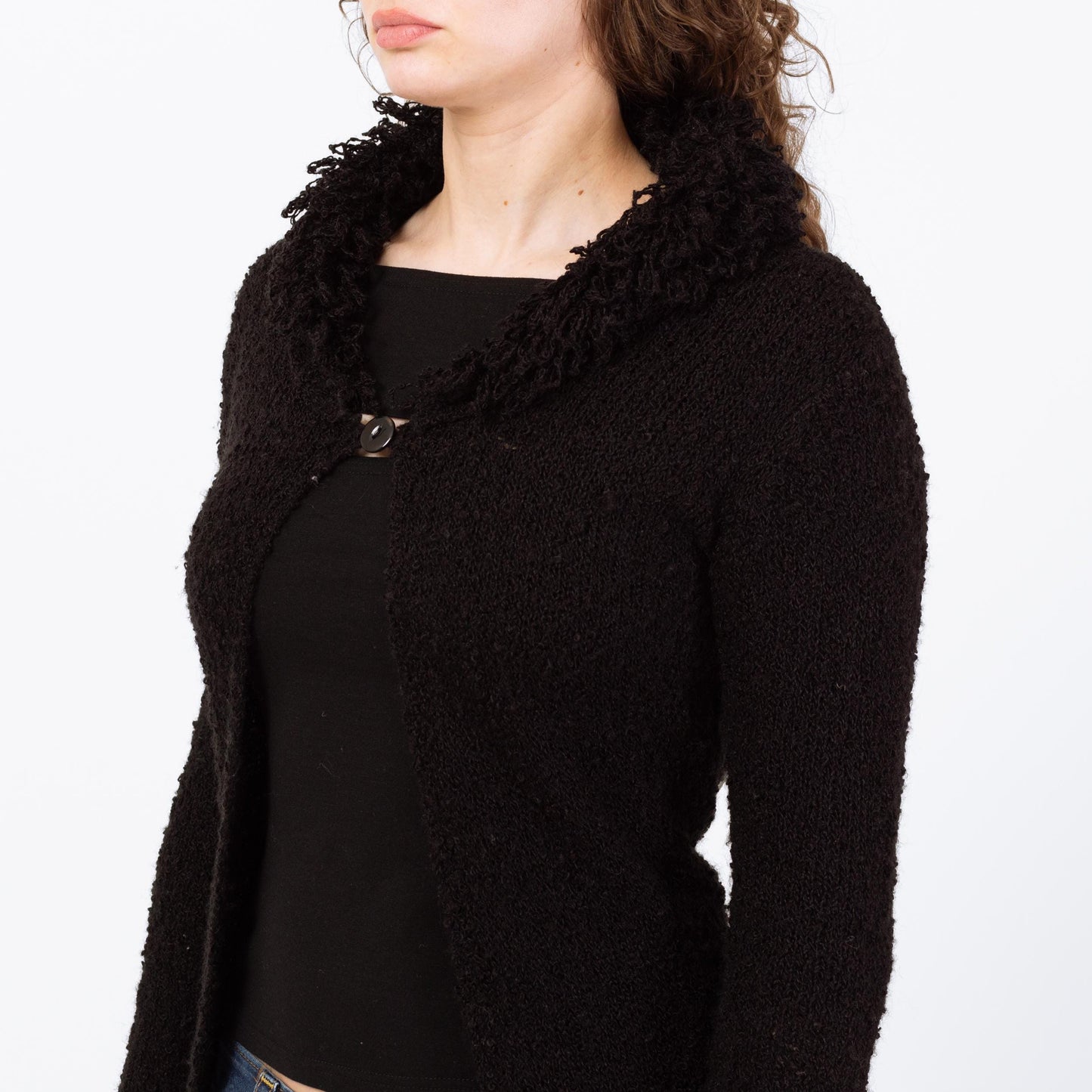 Vintage 90s Black Boucle Shag Collar Cardigan - Small | Chunky Knit Longline Sweater