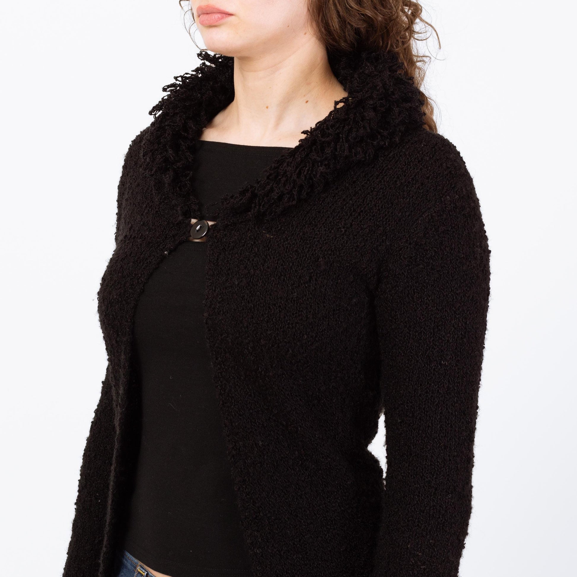 Vintage 90s Black Boucle Shag Collar Cardigan - Small | Chunky Knit Longline Sweater