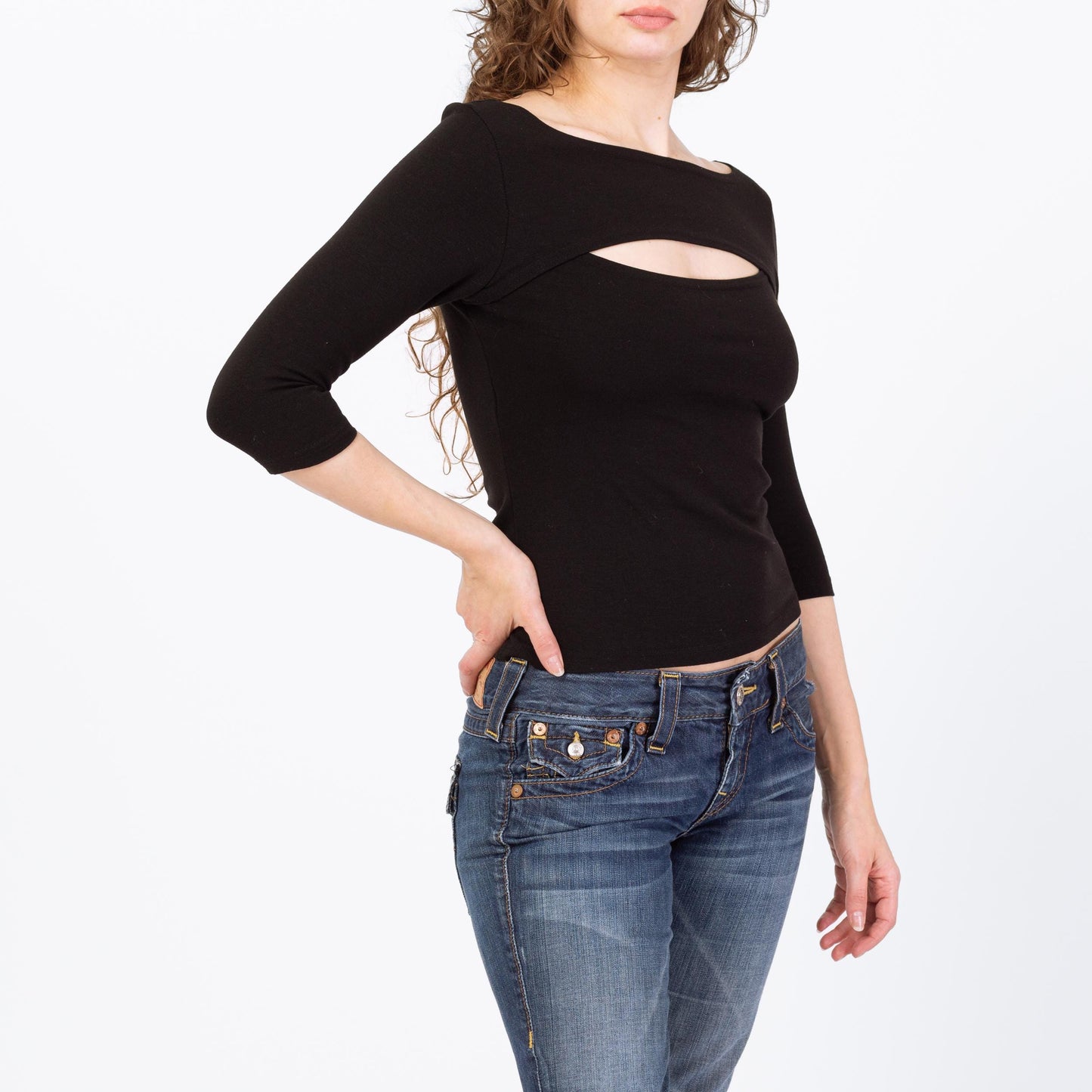 Vintage 90s Y2K Black Keyhole Cut Out Top - Medium to Large | Whimsigoth 3/4 Sleeve Shirt