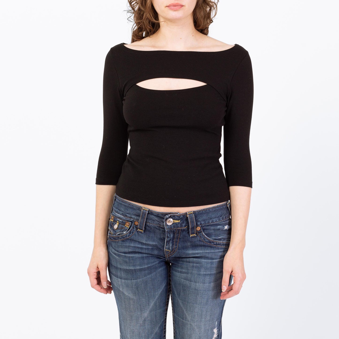 Vintage 90s Y2K Black Keyhole Cut Out Top - Medium to Large | Whimsigoth 3/4 Sleeve Shirt