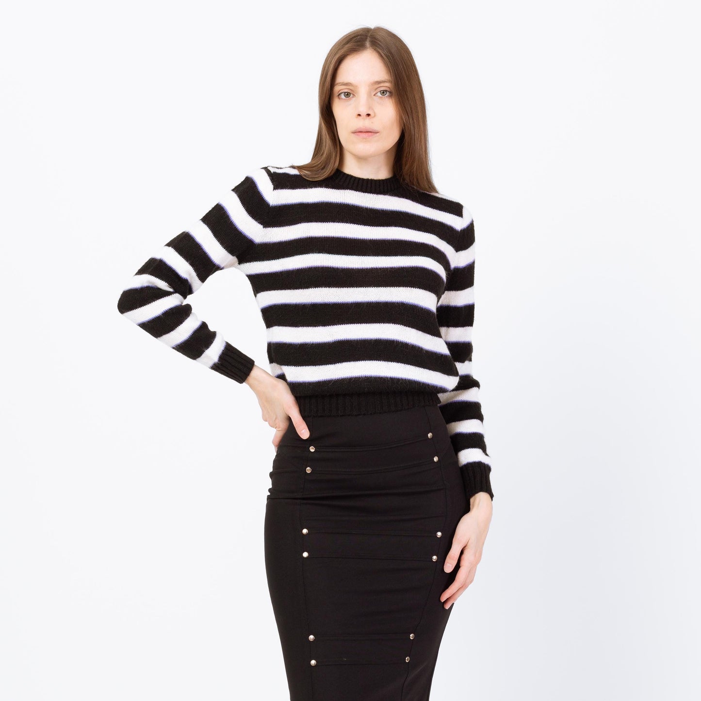 Vintage 80s Black & White Striped Cropped Sweater - Small | Punk Knit Pullover Jumper