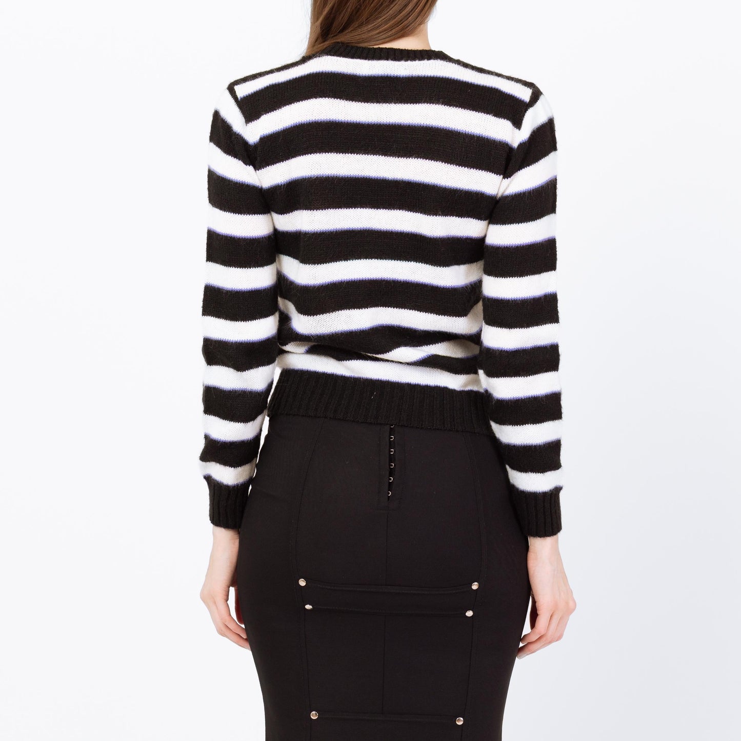 Vintage 80s Black & White Striped Cropped Sweater - Small | Punk Knit Pullover Jumper